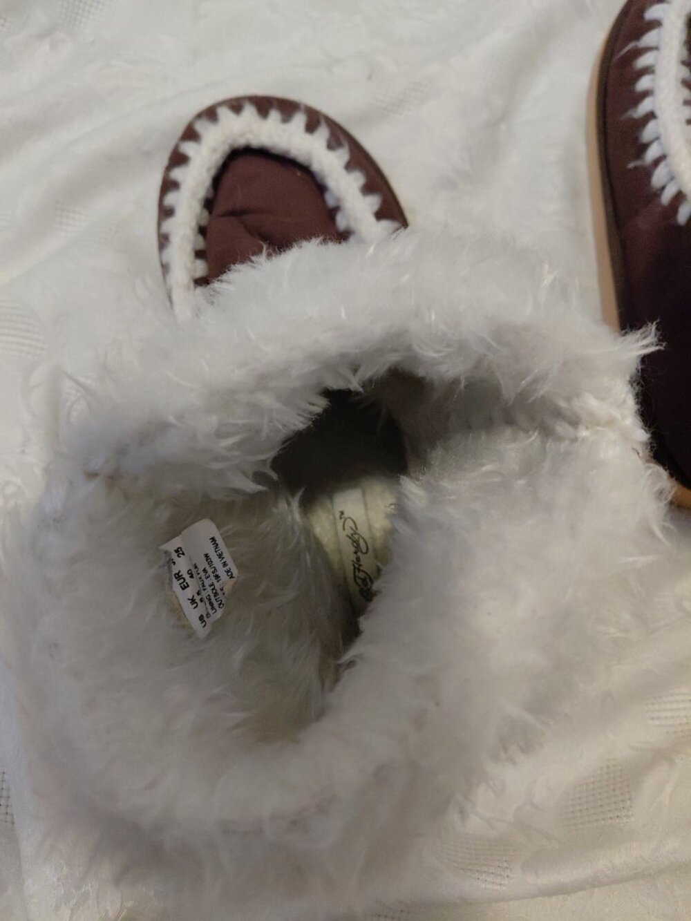 Ed Hardy Vintage Y2K Moccasin Boots Faux Suede Faux Fur Brown White Womens Size - Picture 9 of 10